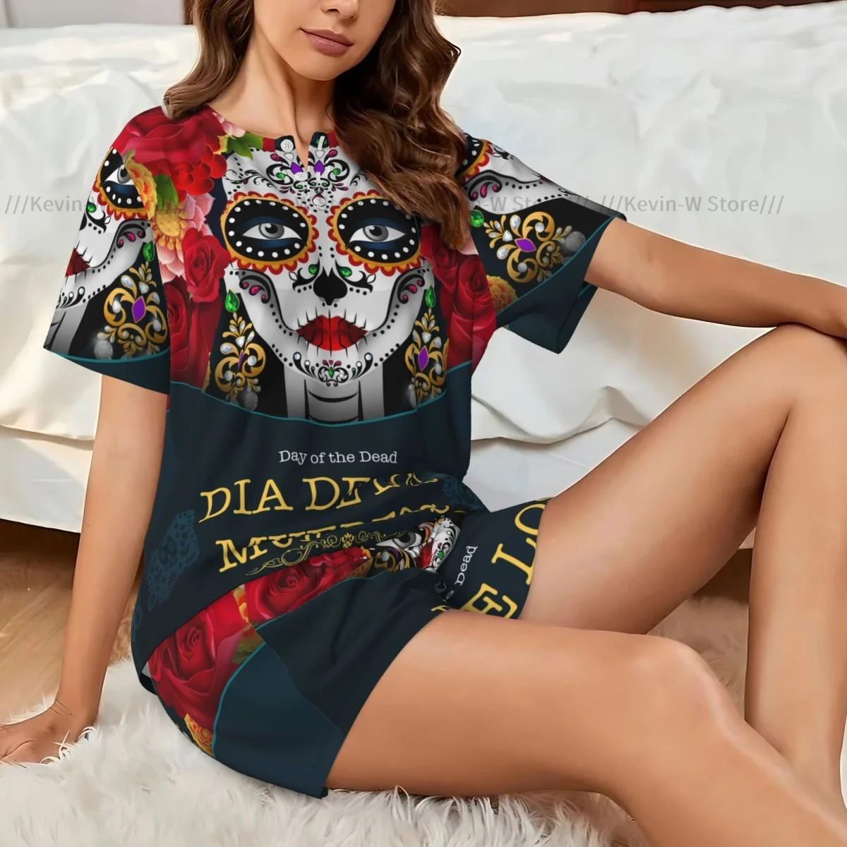 

Женский пижамный комплект Dia De Los Muertos Sugar Skull Домашняя одежда из двух предметов с короткими рукавами и короткими рукавами