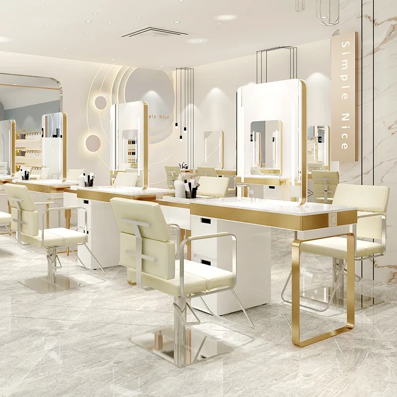 Integrated LED Salon Mirror Table Dedicated Cutting Dyeing Barber Chair Single Sided Silla Giratoria Hair Salon Furniture