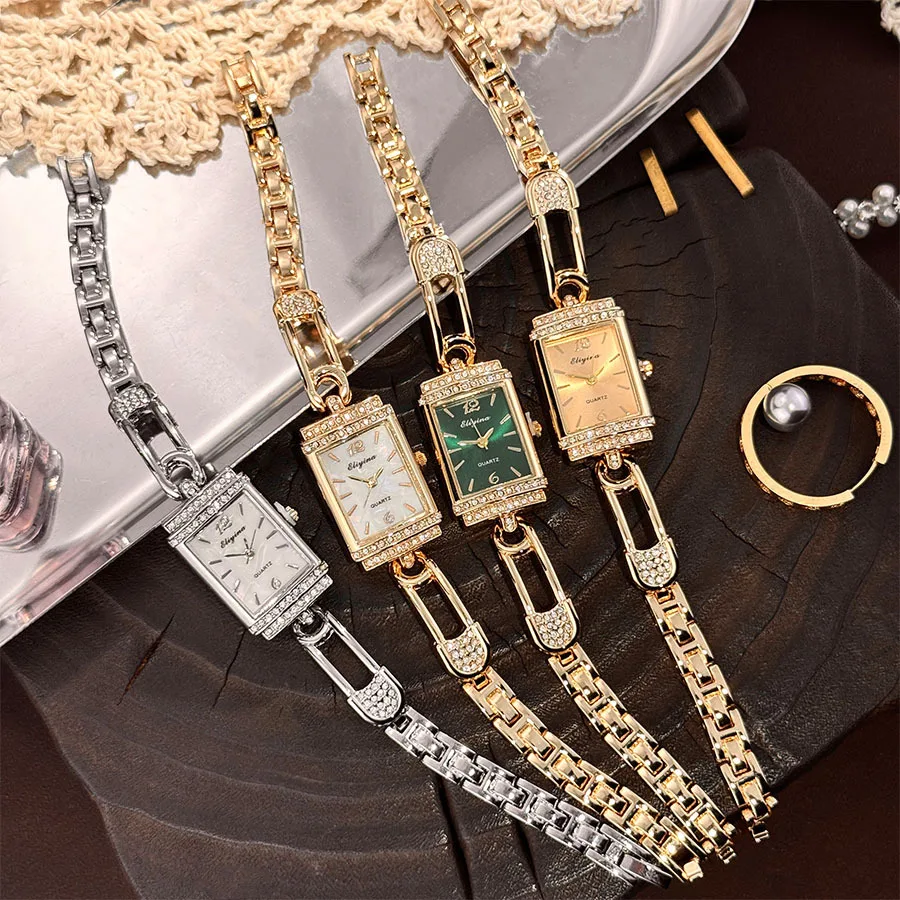 اليدوية خاتم الماس المرأة كوارتز ساعة متعدد الألوان مستطيلة الأخضر الهاتفي الماس سلسلة المعصم الموضة الفاخرة #1