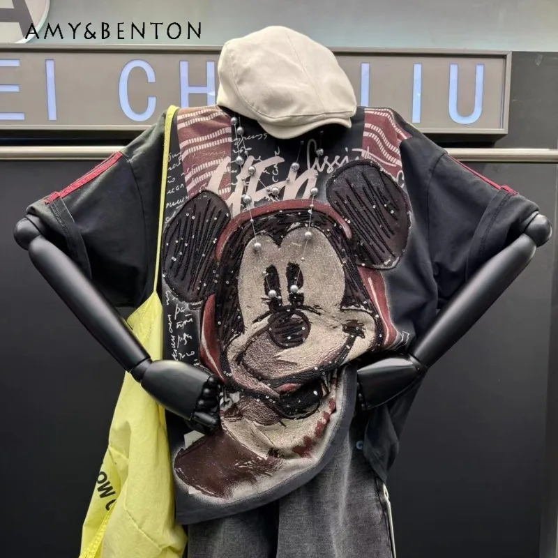 

Summer New Heavy Industry Unique Design Painted Graffiti Cartoon Head Short-sleeved T-shirt Women's Loose Casual Versatile Top