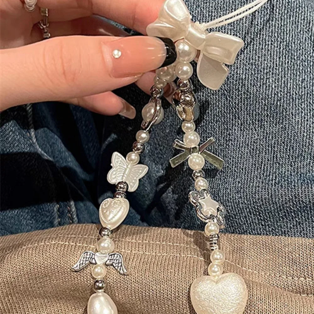 Korean Cute Baroque White Bow Flower Beaded Phone Chain Charm Lanyard For iPhone Samsung Universal Accessories Jewelry Pendant