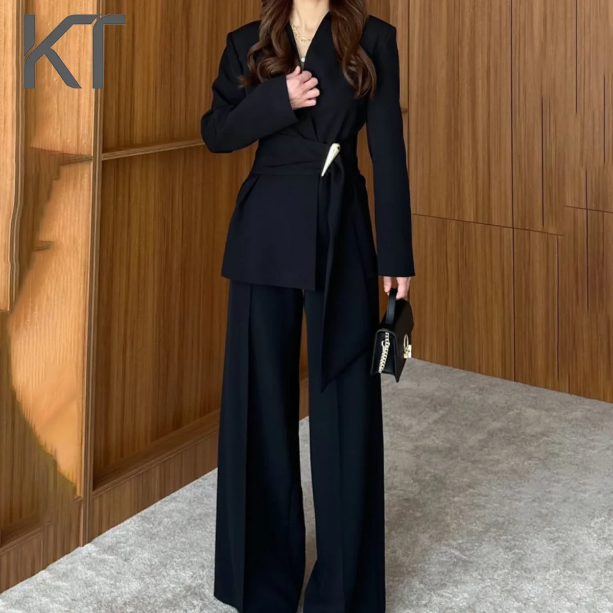 

KT Elegant Wrap Belted Two Piece Set for Women V Neck Long Sleeve Blazer & High Waist Wide Leg Pants Office & Formal Wear Suits