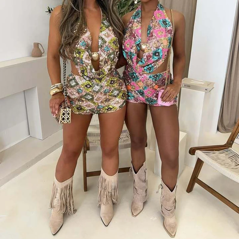 

Шикарные топы с лямкой на шее и блестками, летние сексуальные женские клубные вечерние комплекты из 2 предметов, модные мини-юбки без рукавов для пикантных девушек