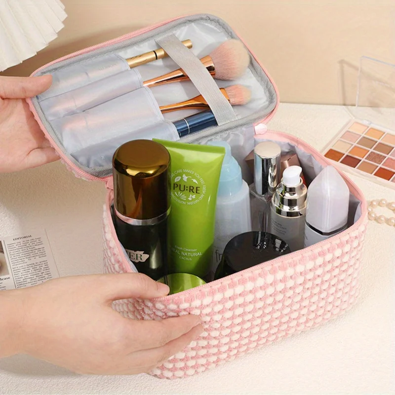 3pcs/Set Makeup Bag Solid Color Flower Cosmetic Bag Zipper Large Soft Corduroy  Female Travel Make Up Case