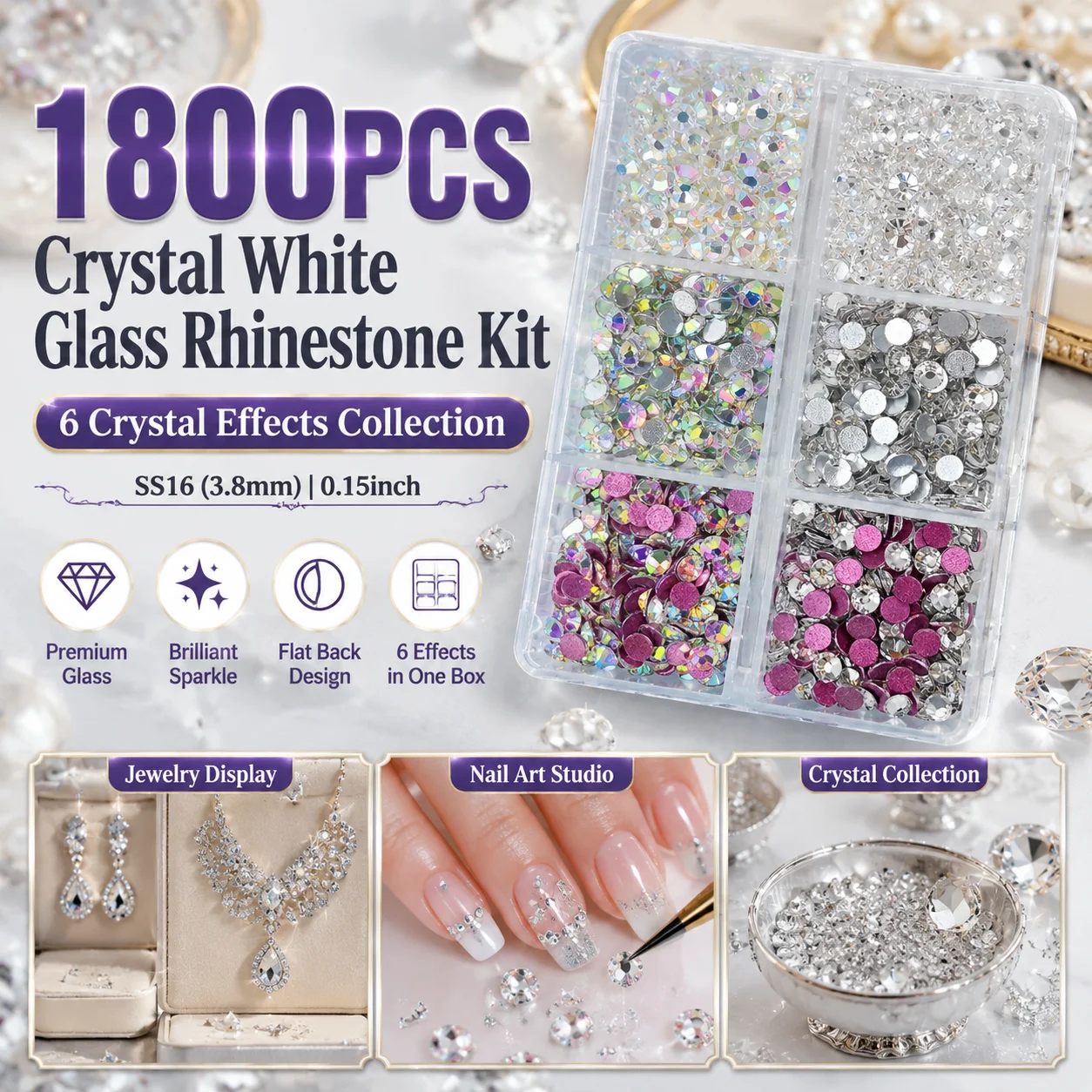 1800 Stück Glas-Flatback-Strass-Set SS16 Kristallweiß AB mit 6-Fächer-Aufbewahrungsbox, Glitzersteine für Nagelkunst DIY-Dekoration
