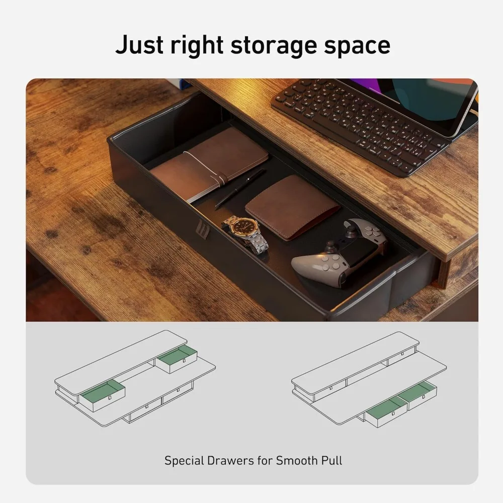 Escritorio de pie eléctrico con 4 cajones, escritorio de pie con estante de almacenamiento, parte superior marrón rústico, 48x24