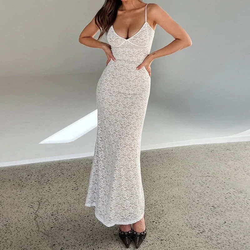 

Mesh Lace Dress Women Hollow Out Maxi Elegant Spaghetti Strap Trend Robe Female High Street Party Evening Dresses Summer 2025