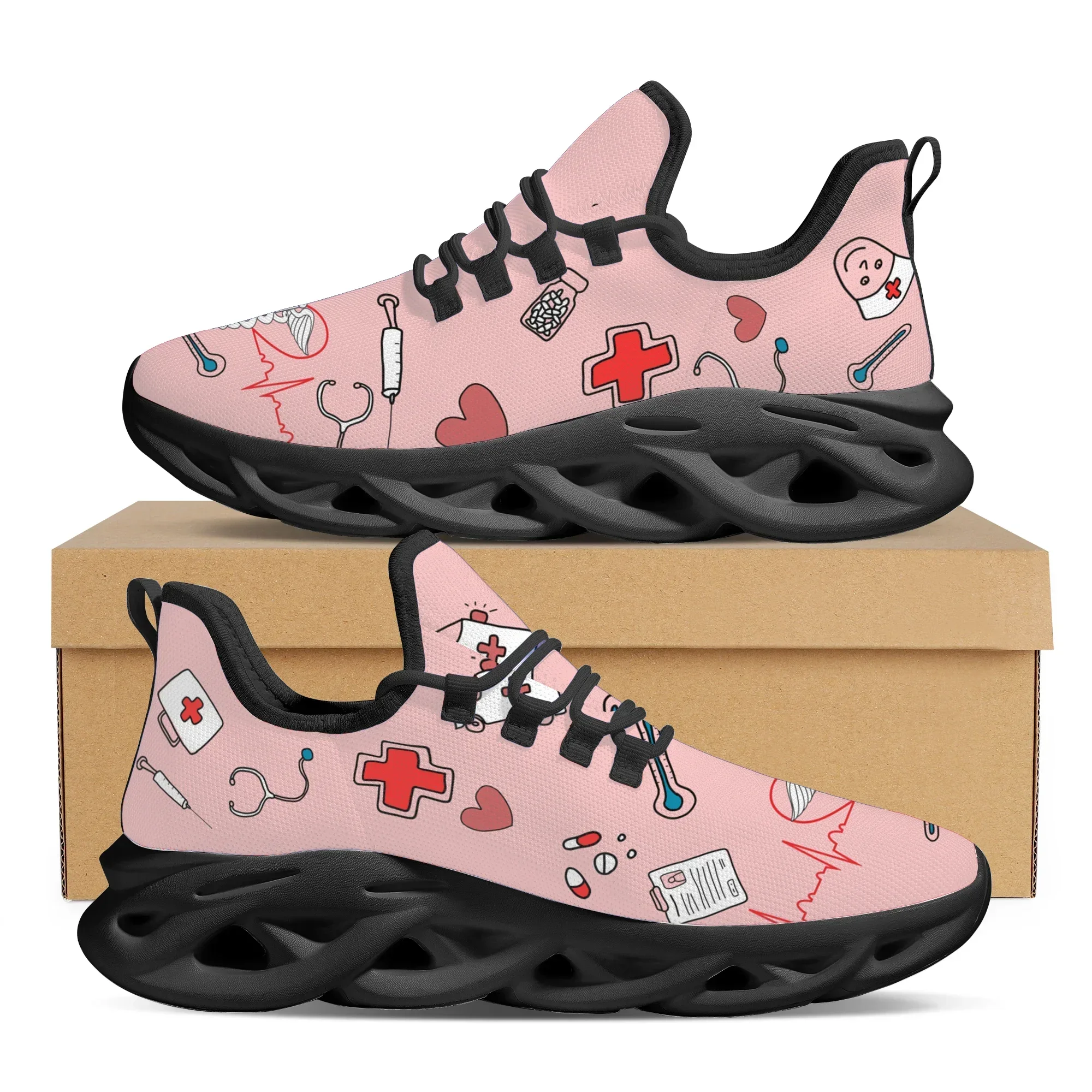 

Breathable Fashion Women Sneakers Pink Nursing Shoes Medical Heartbeat Nurse Design Lace-up Casual Shoes Footwear Gift
