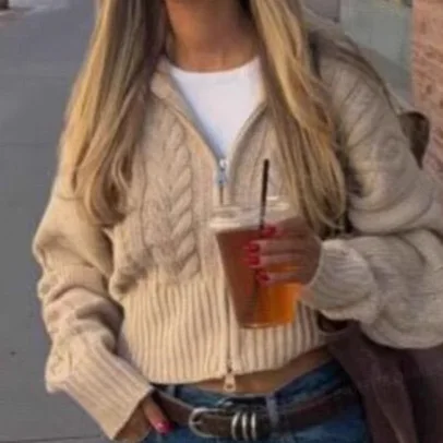 

Женский вязаный свитер на молнии с воротником-молнией, кардиган, свободный ленивый стиль, осеннее новое поступление, корейская системная верхняя одежда для пикантных девушек