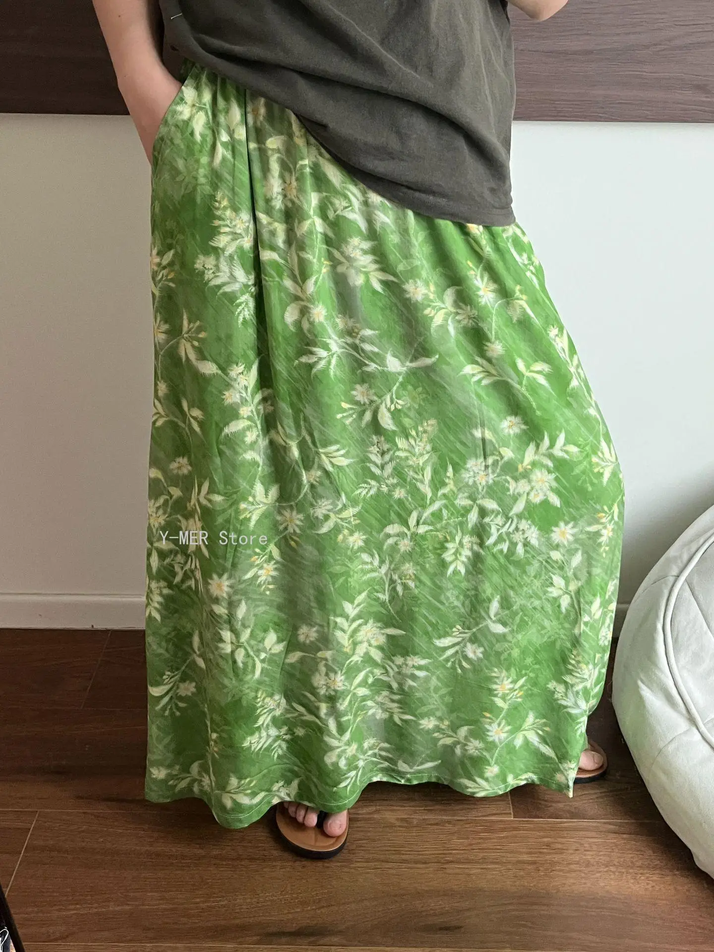 Women Vintage Floral A Line Skirt Elastic Waist with Pockets Sweet Loose Casual Home Lounge Walking Midi Skirt