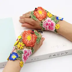 Gants à fleurs brodées ethniques chinois pour femmes, gants 3D demi-doigts, accessoires de mariage, gants en dentelle sans doigts