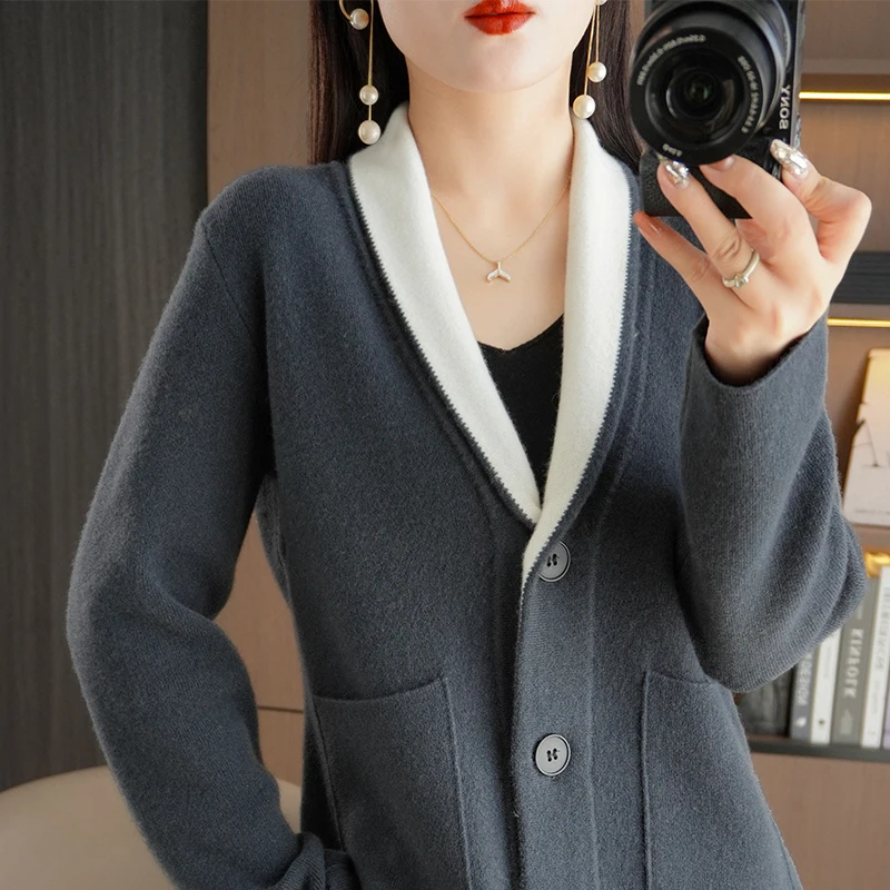 Autumn/Winter New Cashmere Sweater Women's Contrast V-Neck Cardigan 100% Merino Wool Clothing Top Fashion Korean Shirt Jacket