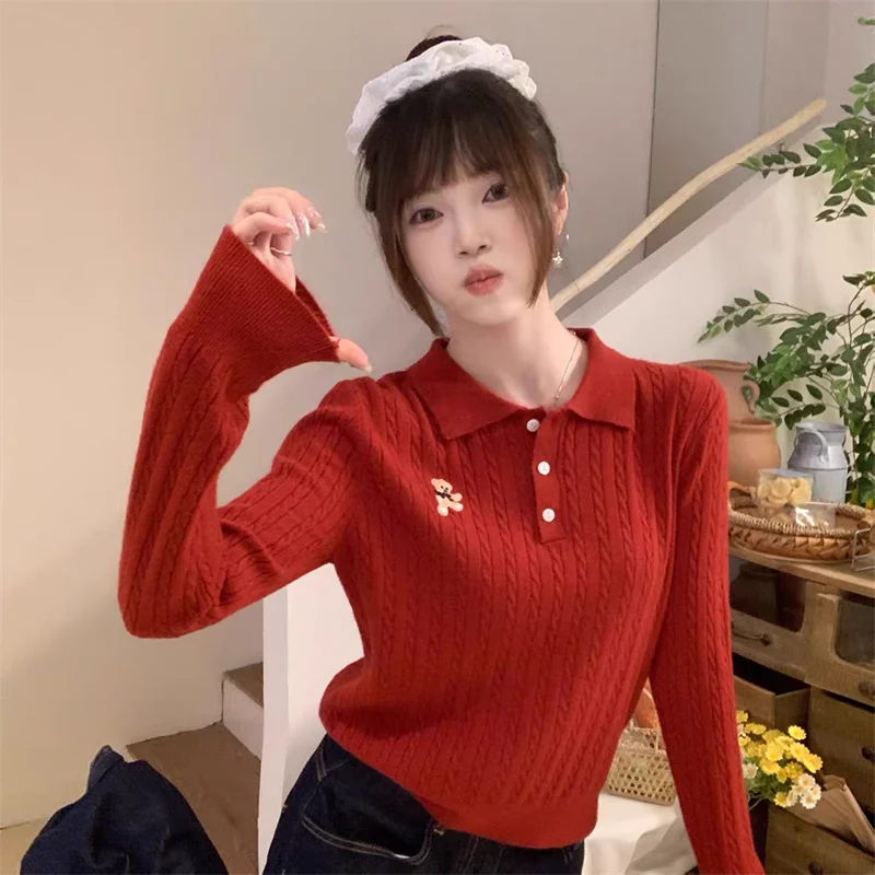 

2025 Women's Polo Neck Knitted Sweater Twist Needlework High-End Autumn Base Layer Inner Wear Top Fashionable Knitwear Cartoon