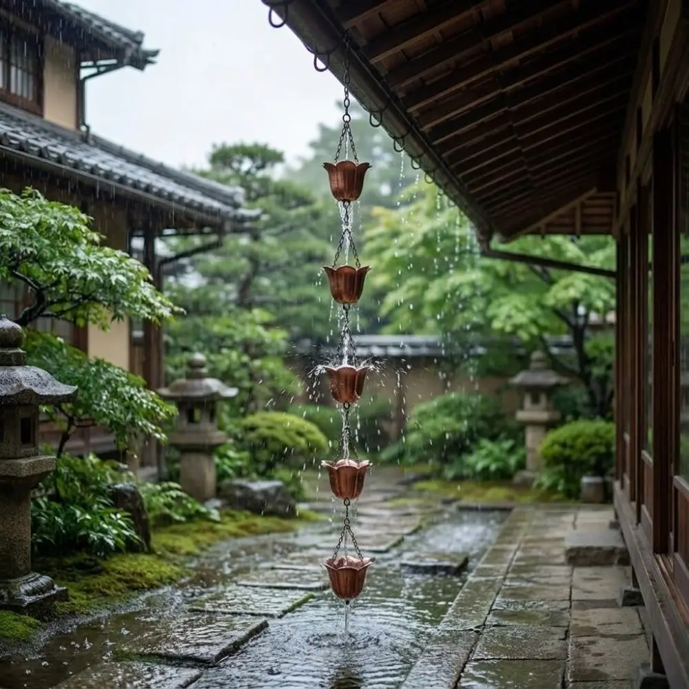 Japanese Style Metal Tulip Rain Chain Hanging 7 Cups Water Drainage Chain Iron Art Directs Water Rain Chain for Gutters