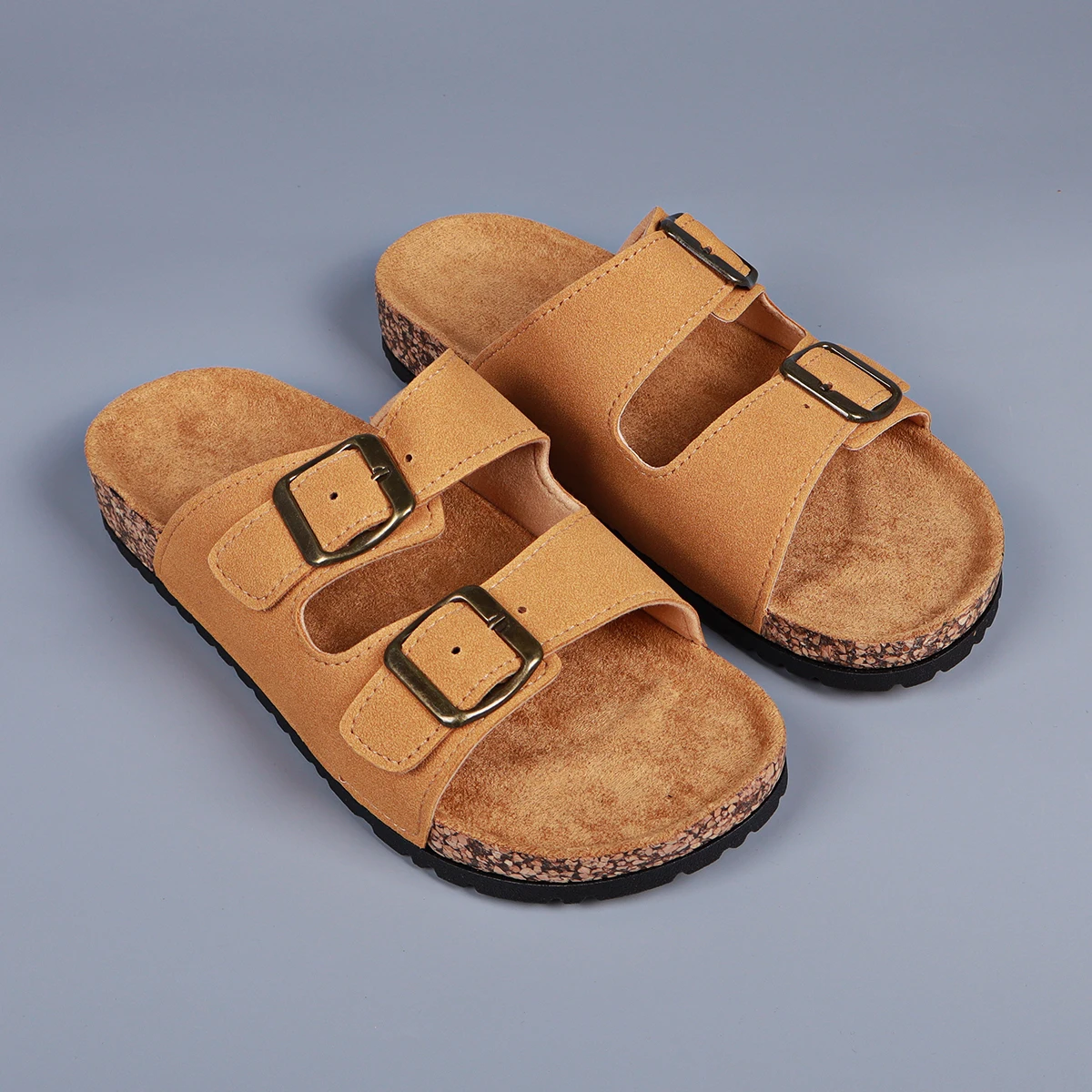 Elegant Women's Summer Shoes Double Buckle Suede Slippers Slides 2.7cm Cork Sole Adjustable Indoor Slides