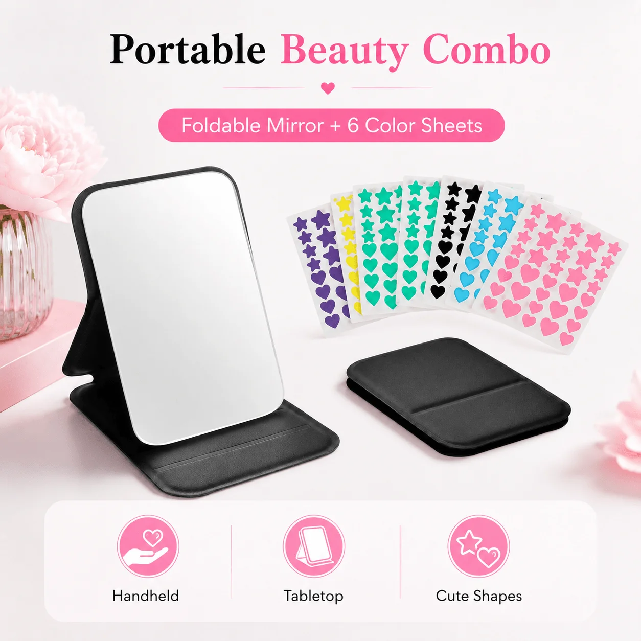 Foldable Tabletop Mirror with 6-Color Star & Heart Pimple Patch Sheets, Portable Beauty Set for Travel & Daily Use.