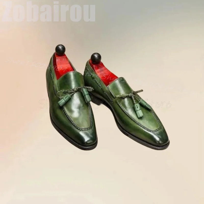 Green Sewing Design Tassels Decor Men Derby Shoes Fashion Slip On Men Shoes Luxury Handmade Party Feast Banquet Men Dress Shoes