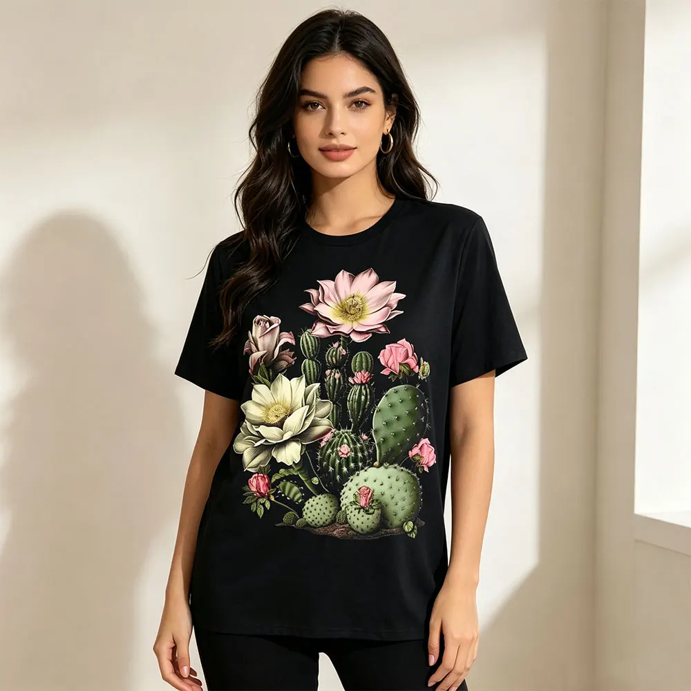 Women's Cactus Floral Graphic T-Shirt Vintage Botanical Flower Print Short Sleeve Crewneck Casual Cotton Tee Top Women Clothes