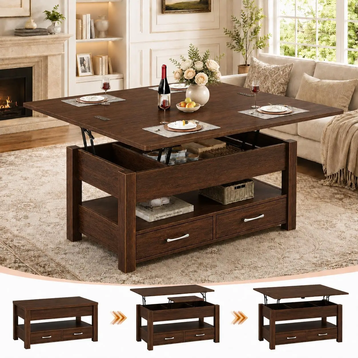 Square Lift Top Coffee Table Storage Shelf Two Drawers Converts Dining Table Living Room Home Office
