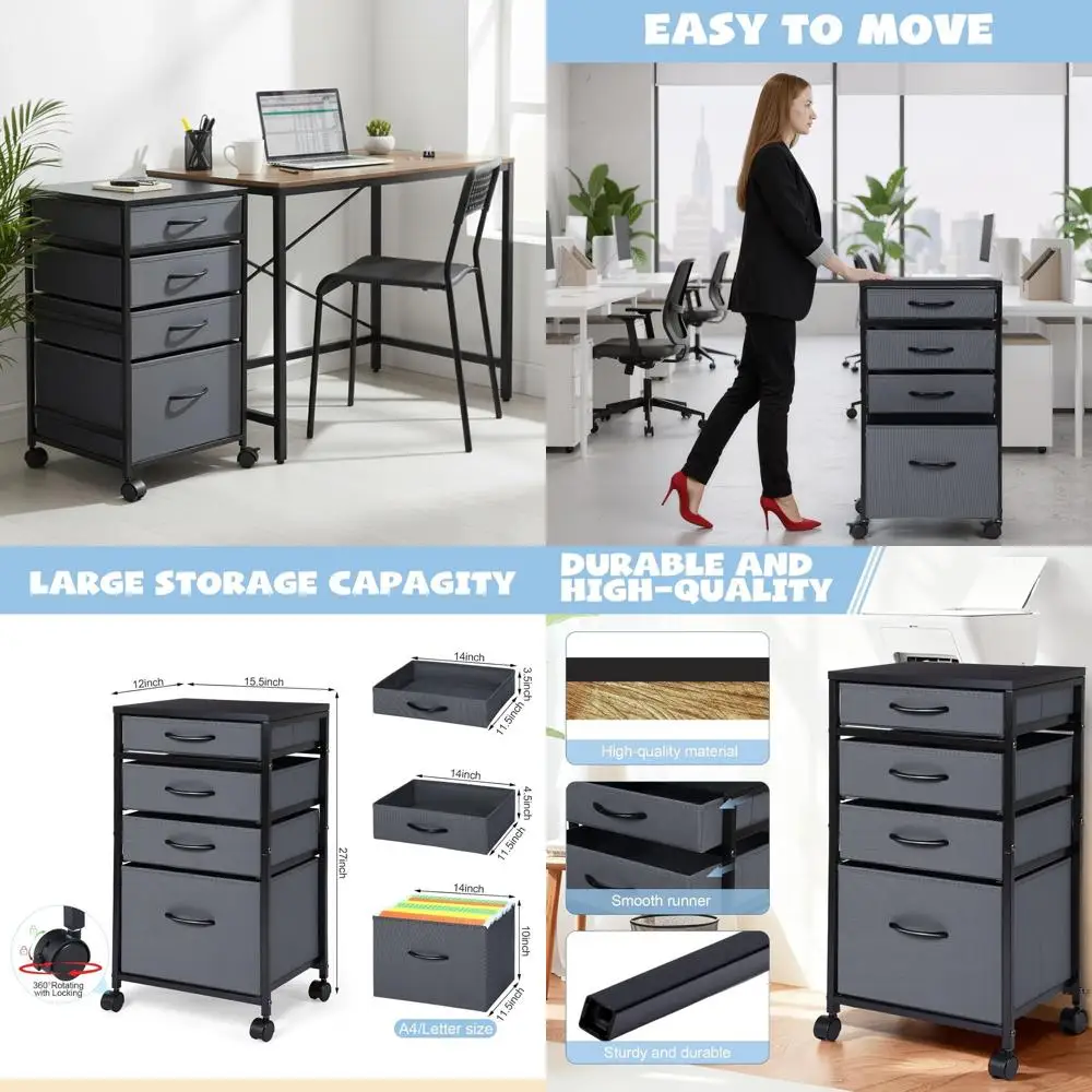 

Металлический серый мобильный шкаф для документов на 4 ящика на колесиках, формат А4, органайзер для хранения под столом для домашнего офиса.