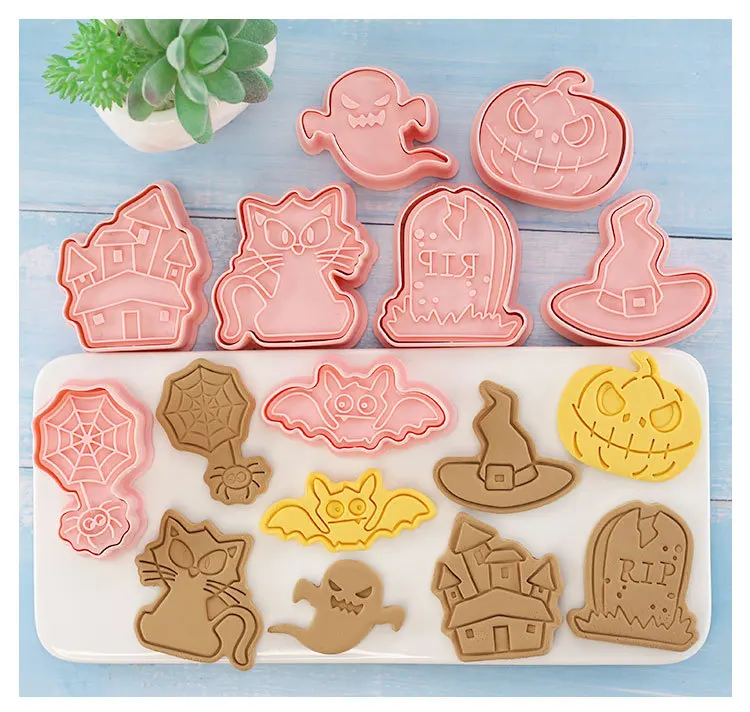Halloween Cookie Mold Plastic 3D Cutters Pumpkin Ghost Bat Pressable Biscuit Stamp Mold Cookie Embossing Tool Baking Supplies