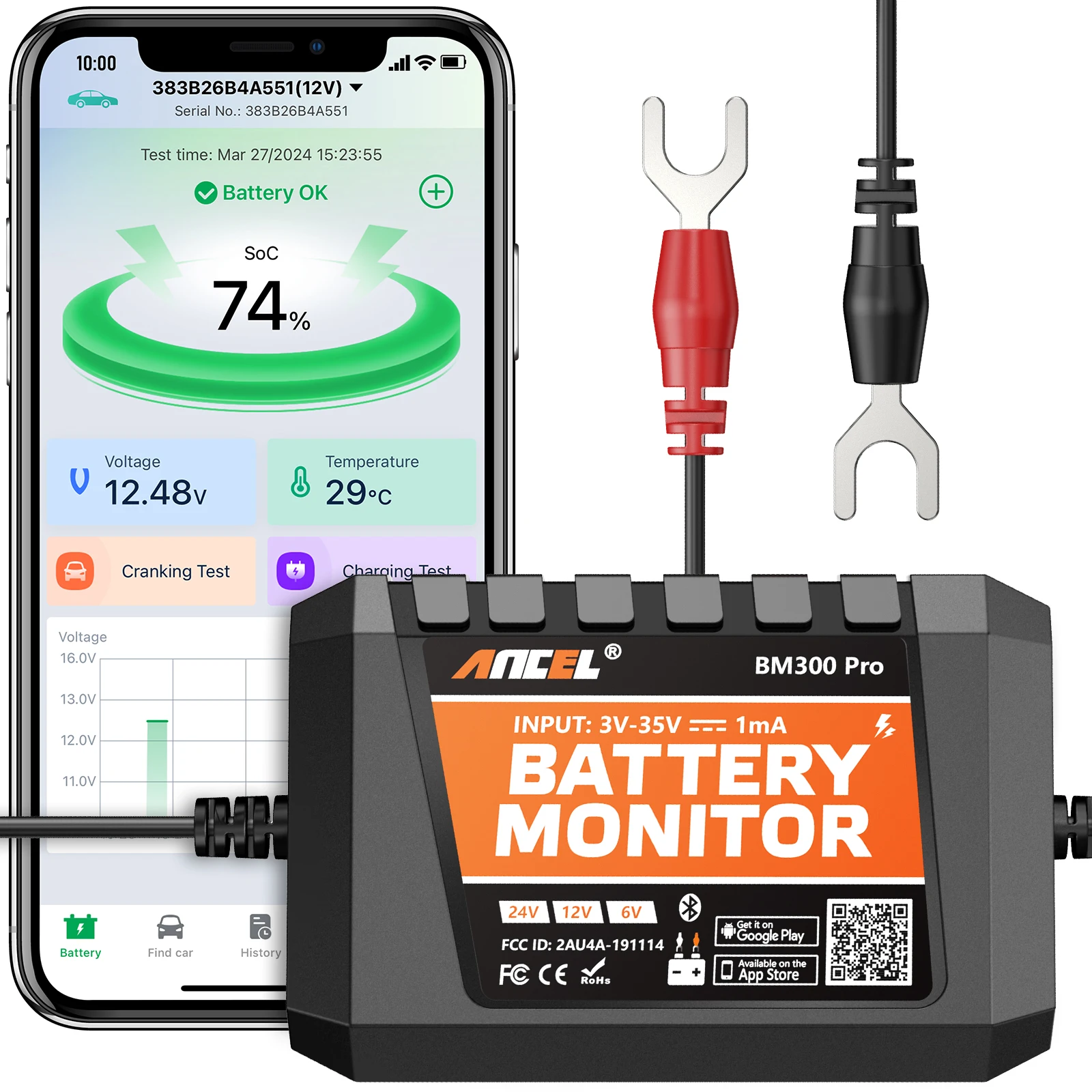 BM300 Pro Wireless Battery Diagnostic Tester 3-35V Car/Truck/Motorcycle/Boat Battery Monitor with BLE 5.3, 72-Day Data Storage