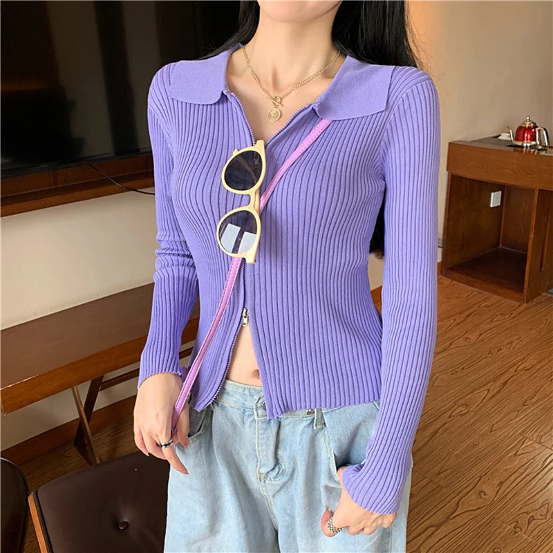 New Autumn Winter 2023 Women Cardigans Zipper Long Sleeve V-neck Knitted Sweater Cardigan Fashion Short Knitwear Solid Jumpers