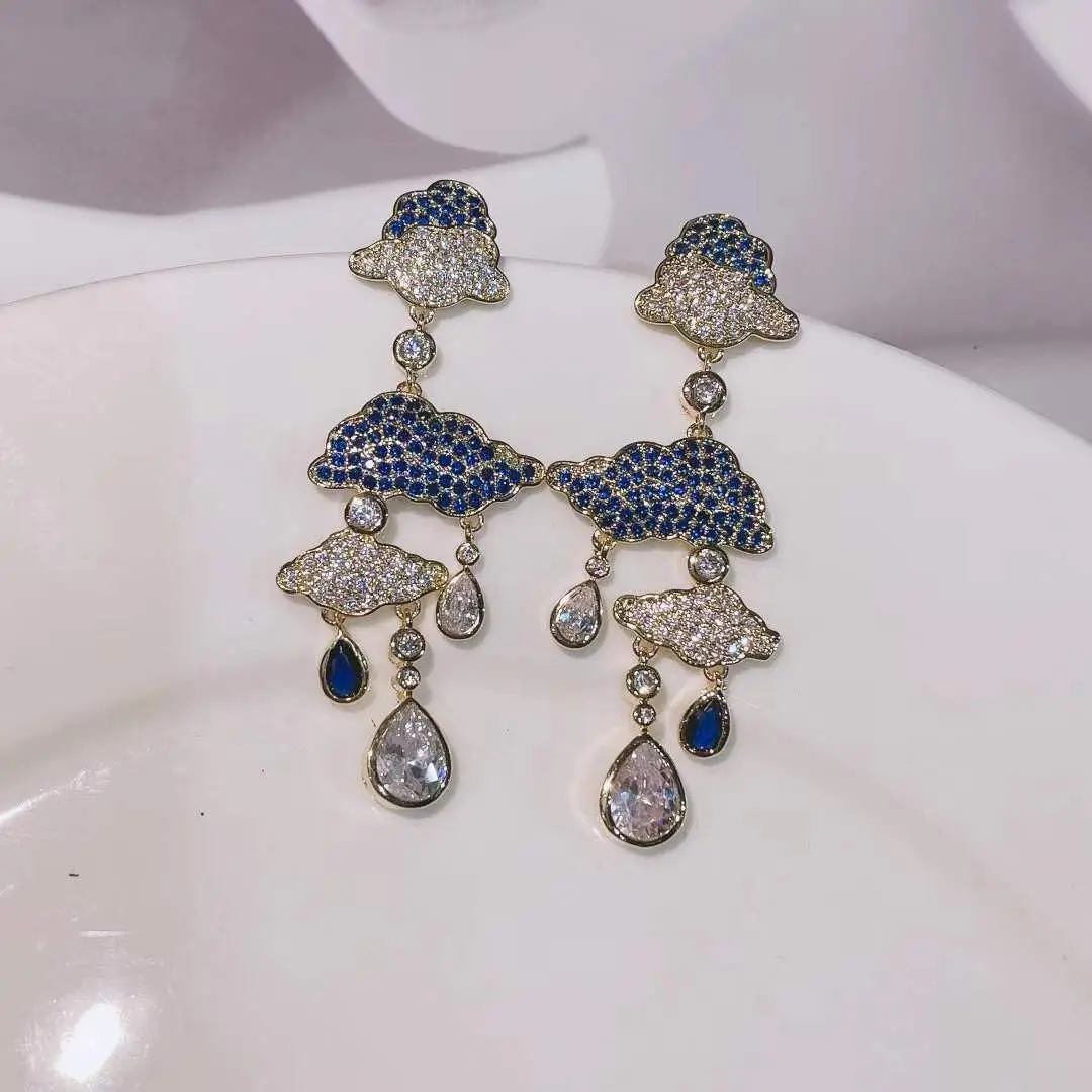 EVACANDIS Crystal Blue Handmade Gemstone Gold Plated Drop Dangle Earrings for Women Wedding Statement Birthstone Zircon S925