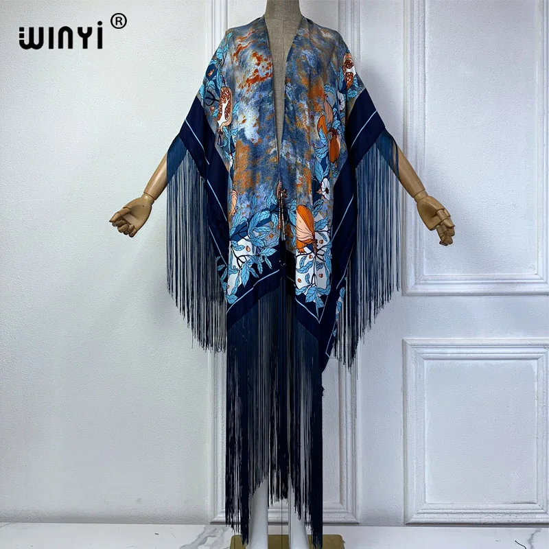 

WINYI kimono summer boho print Bikini Cover-up Elegant fashion Cardigan Holiday tassels dress fashion coat free size outwears