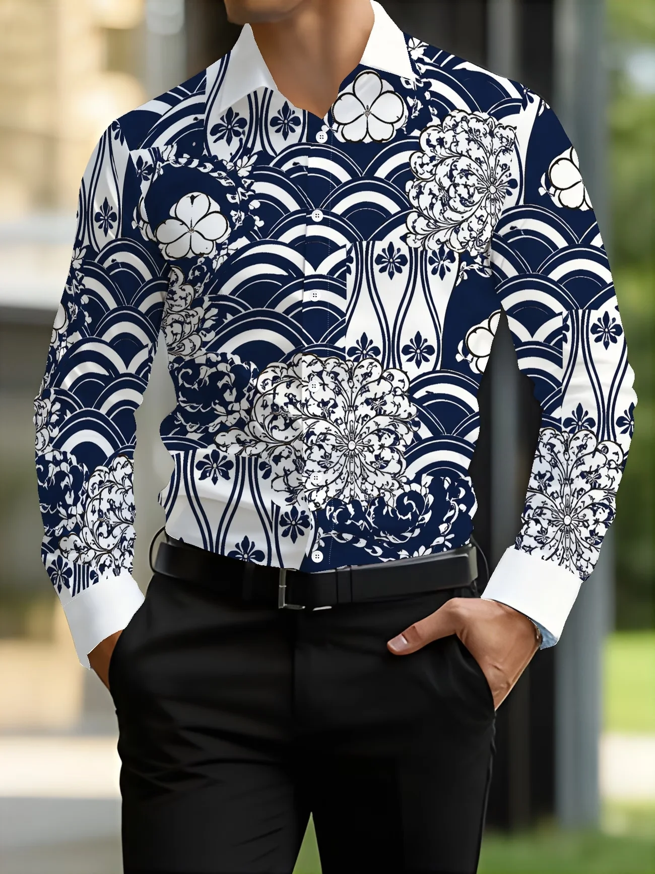 

New neon red lip pop printed men's long sleeved shirt trendy brand street slimming casual personalized shirt