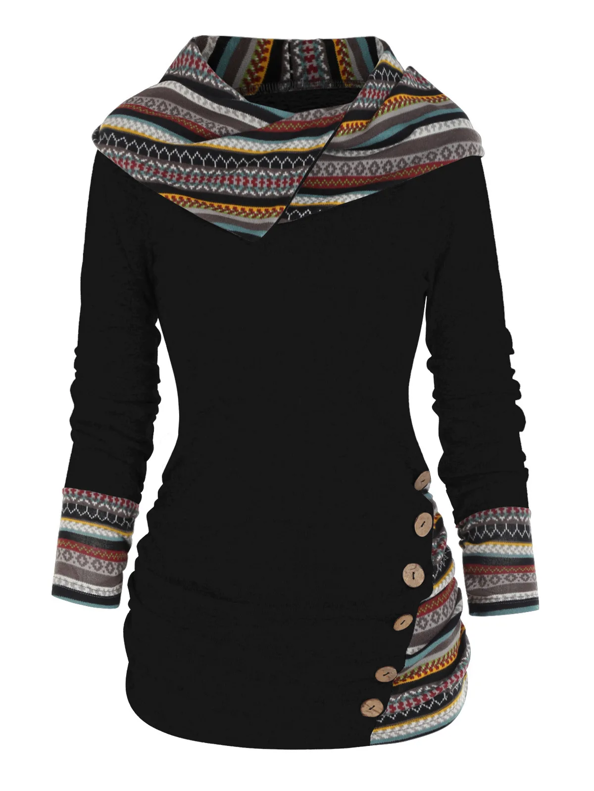 Womens Hoodies Striped Patchwork Hooded Knitted Long Sleeved Button Top Womens Casual T-shirt