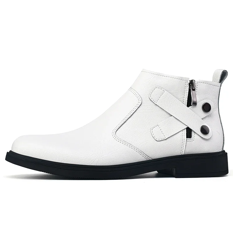 Botas Chelsea de alta calidad para hombre, botines de mezclilla blancos de tacón bajo con cremallera lateral, botas formales de cuero para negocios,