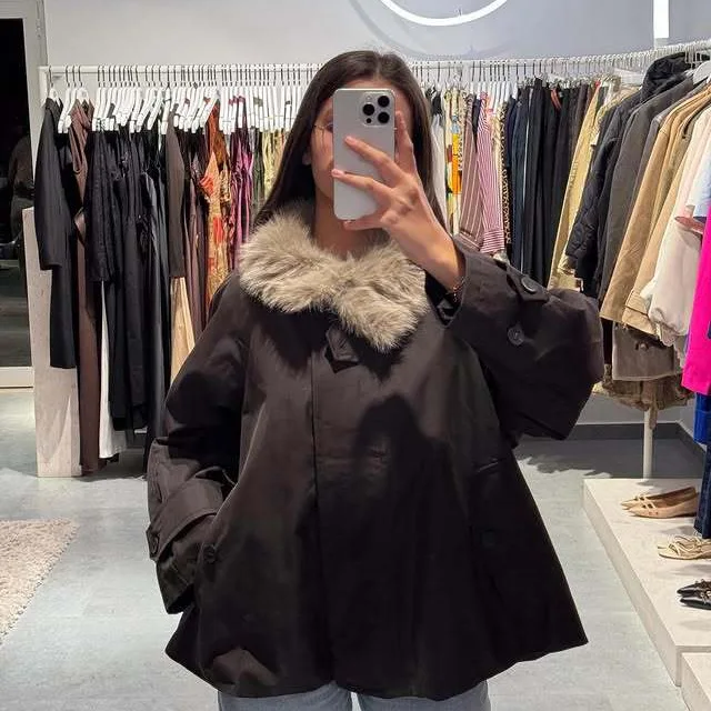 

Women's Autumn and Winter Casual Straight Waterproof Parka Jacket with Fur Hem, Warm Zipper Long Sleeve Outwear