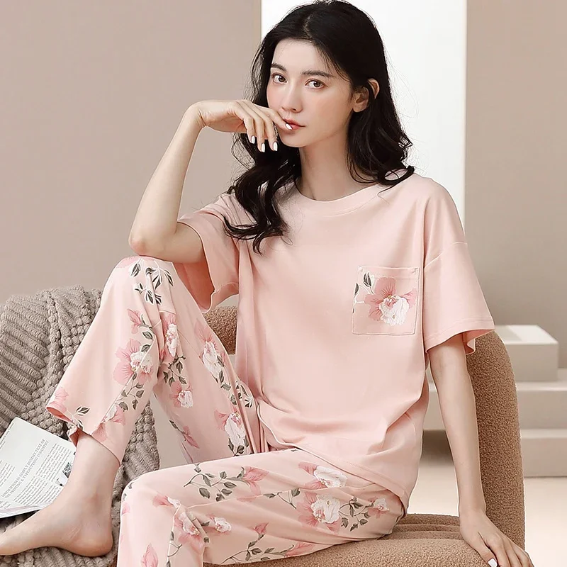 2025 Summer 100% Cotton Short Sleeve Long Pants Pajama Sets for Women Korean Cute Sleepwear Homewear Pijama Mujer Home Clothes