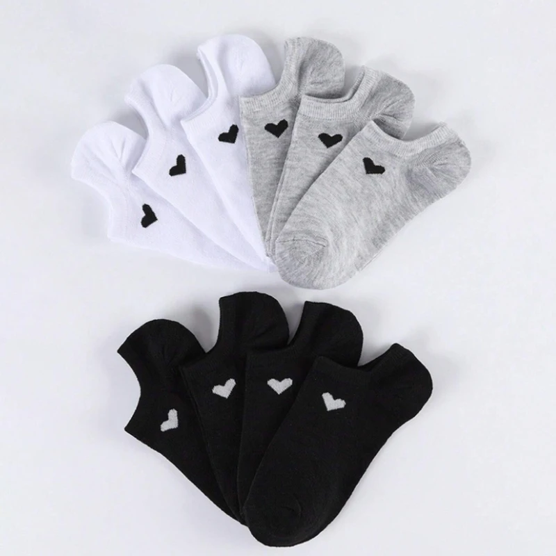 6/12 Pairs Solid Color Heart-Shaped Printed Women Short Socks Summer Breathable Soft Comfortable Simple Style Casual Socks