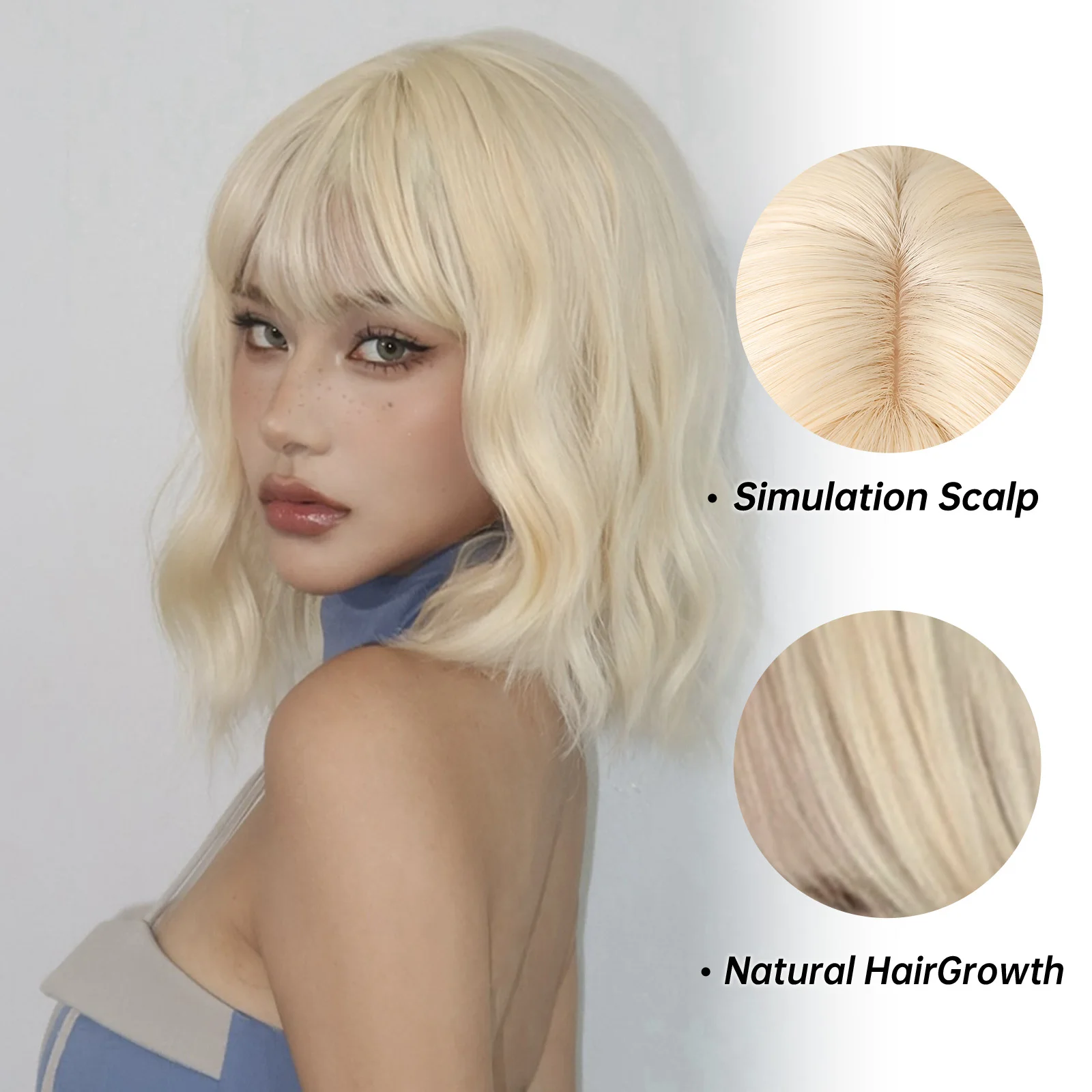 Beige Blonde Short Bob Wavy Synthetic Wig with Bangs Heat Resistant Natural Looking Soft Hair for Women Afro Cosplay Lolita