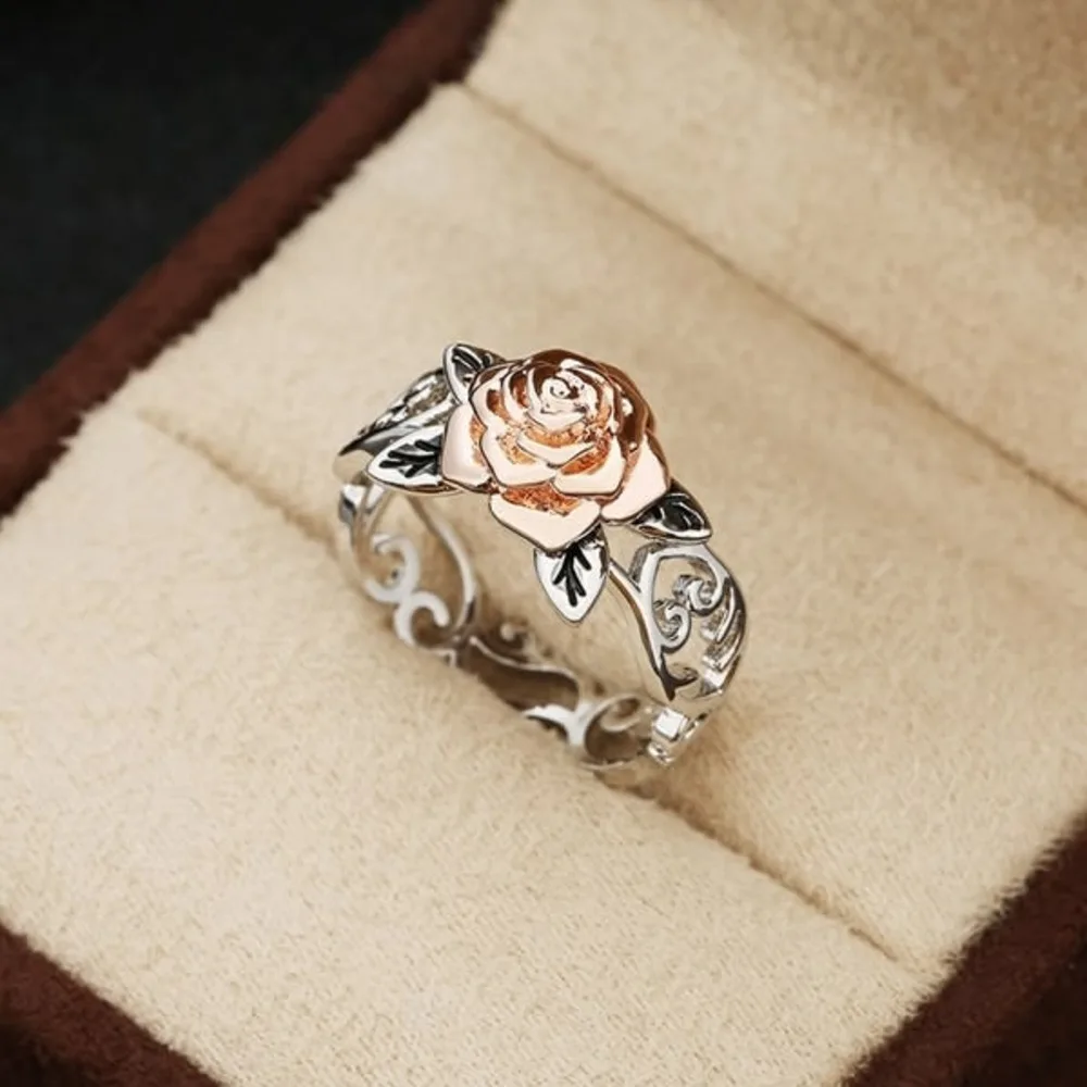 WOSIKATE 925 Sterling Silver With 14K Rose Gold Plated Flower Ring For Women Fashion Jewellery Vintage Separate Colours Ring