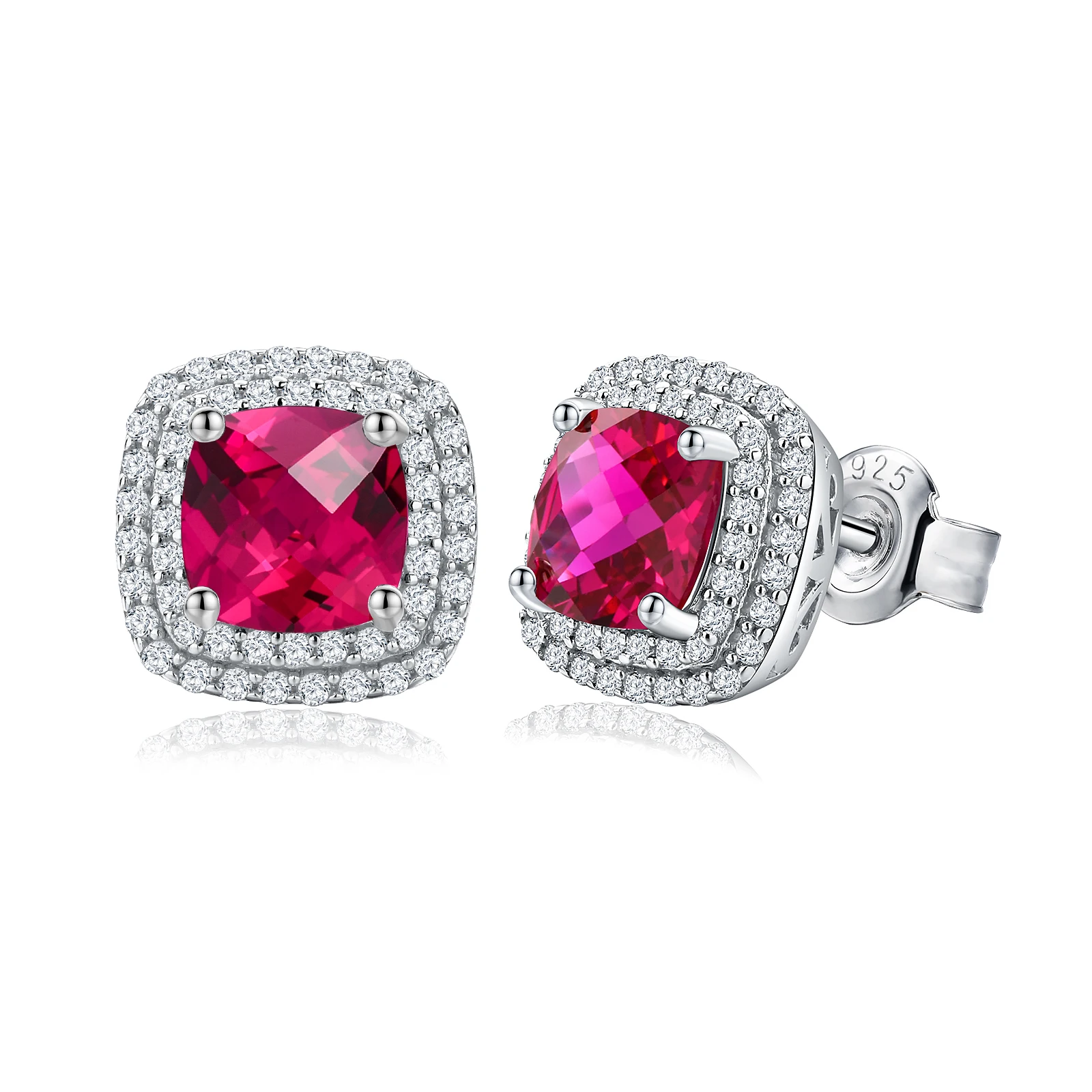 

SEASKY Square Ruby Sapphire Emerald Opal Birthstone Earrings For Women Men 100% 925 Sterling Silver Double Halo Cushion Cut Ear