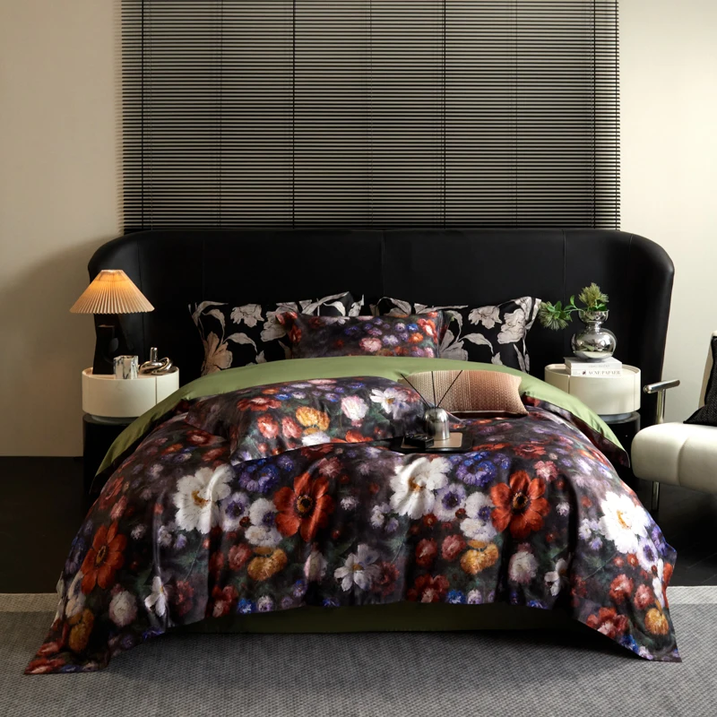 Luxury All cotton digital printing Bedding Set Long-staple Cotton Satin Strip Bed Line duvetcover sheet bed pillowcases