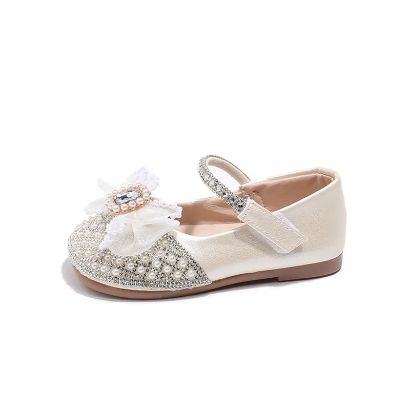 Diamond Bow Pearl scarpe da ragazza antiscivolo argento/beige, scarpe per bambini primavera e autunno PU punta tonda, taglia 22-31 Sandalias De Mujer