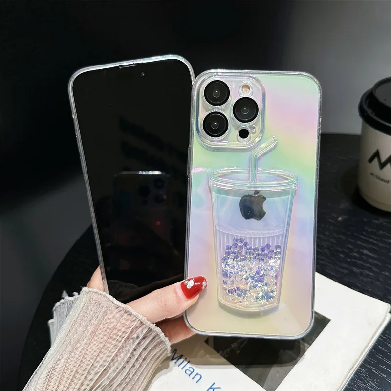 Fashion Milk Tea Cup Laser Quicksand Phone Case For iPhone 16 15 14 13 12 11 Pro Max Plus Transparent Gradient Shockproof Cover