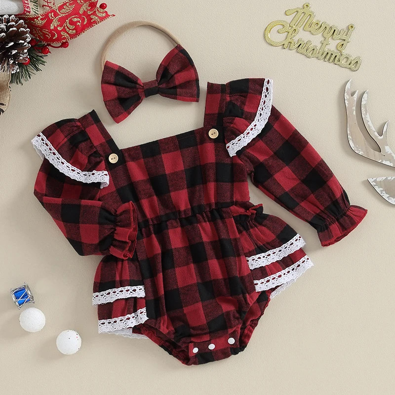 Toddler Girls Winter Holiday Jumpsuit Red Plaid Long Sleeve Romper with Matching Headband and Ruffle Detail