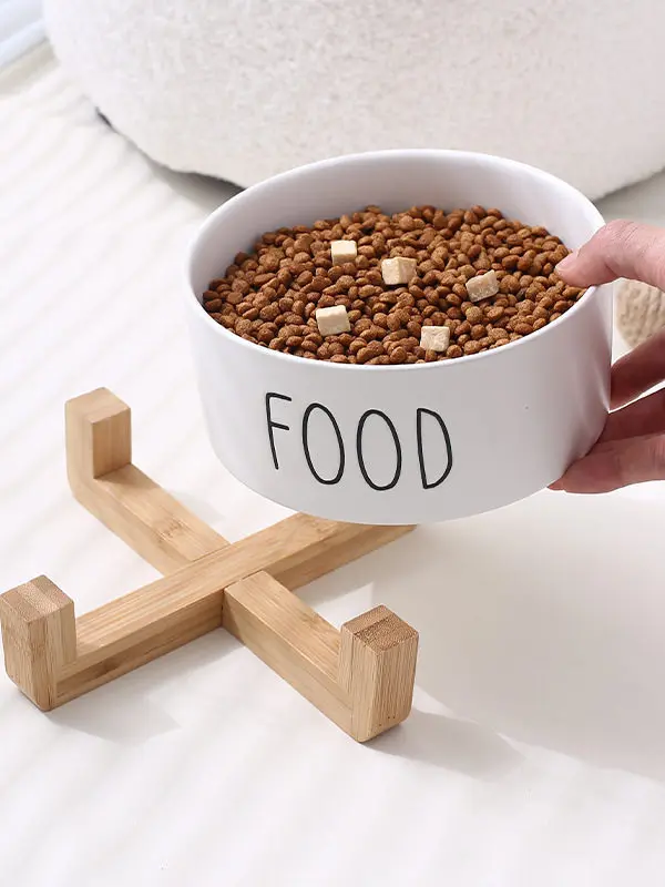 ZHAYA Large Capacity Ceramic Pet Bowl with Stand Embossed English Design Cat Dog Food Dish Feeder for Home Use