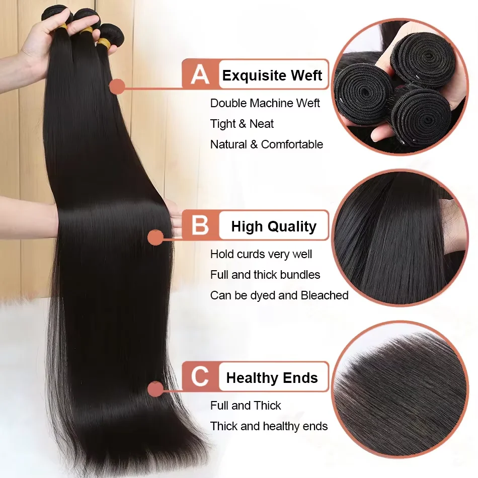 Pacote de 16A de Cabelo Humano 100% Liso, Extensões de Cabelo Cru Brasileiro de 30 a 40 Polegadas, 1, 3 ou 4 Pacotes, Preto Natural