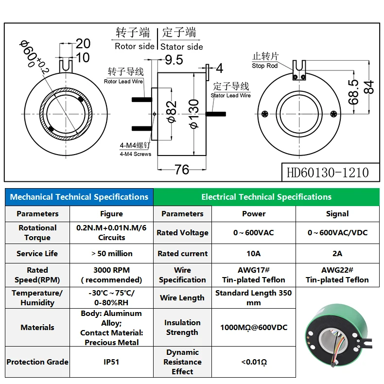 Through hole conductive slip ring  ID 60mm OD 130mm, 12 circuits 360 degrees high speed rotary joint brush collector ring