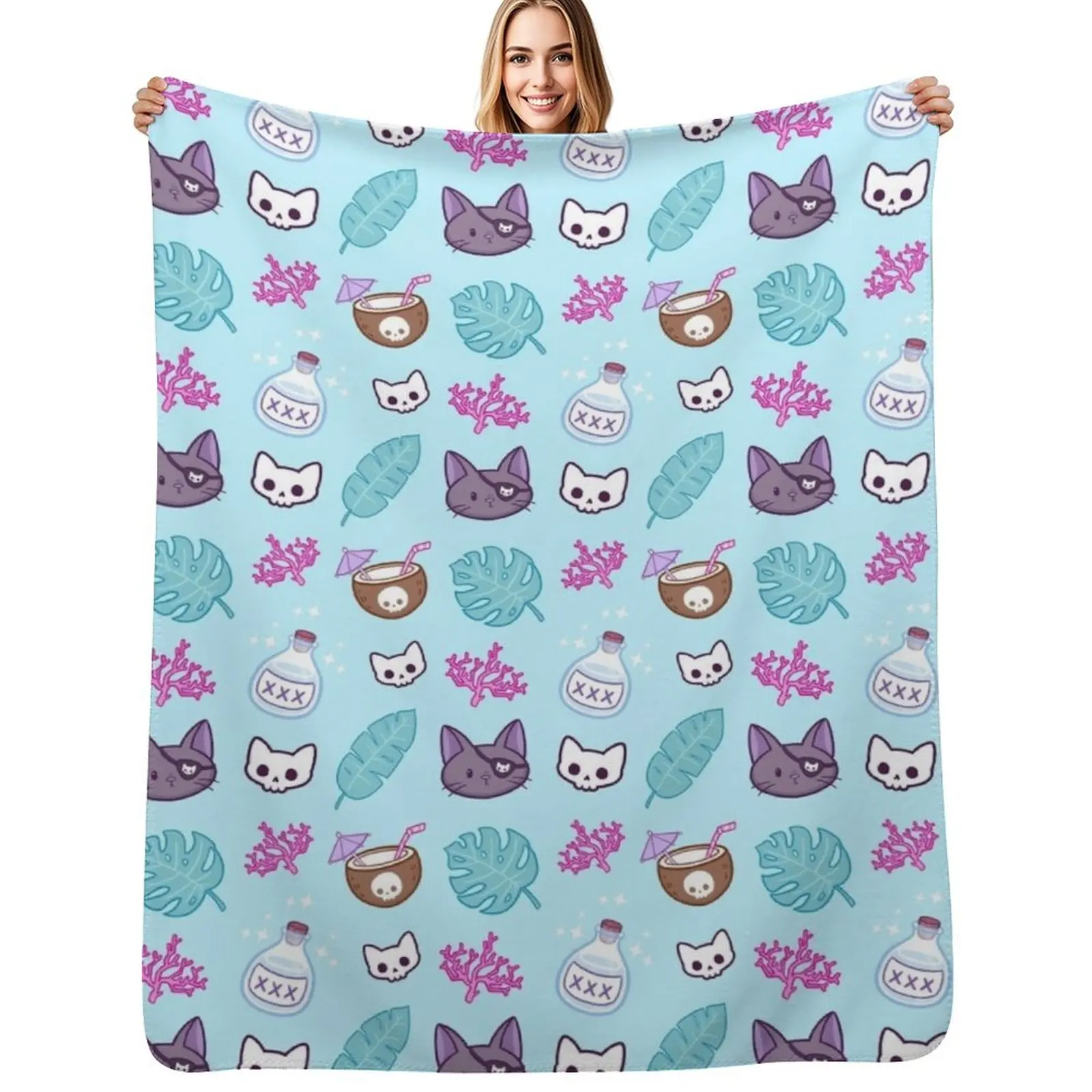 Pirate Cat // Turquoise | Nikury Throw Blanket Multi Purpose Soft Warm Blanket for Home Travel