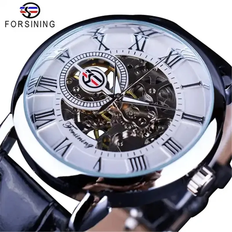 Forsining 99A Luxury Hand Wind Classic Transparent Mechanical Leather Strap Golden Bridge Skeleton hot selling Men Watch Clock