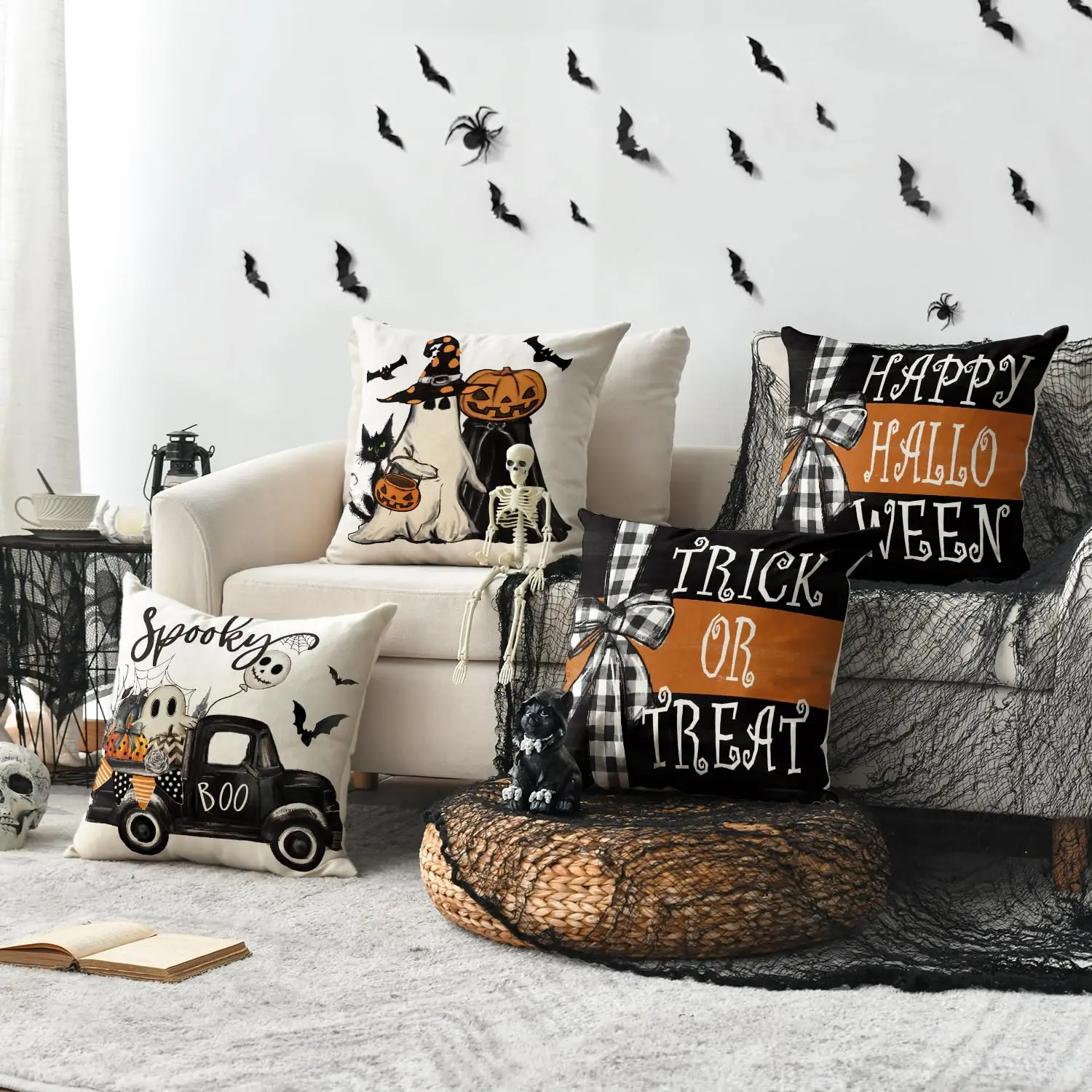 Happy Halloween Ghost Bat Throw Pillow Covers, 18 x 18 Inch Trick or Treat Stripe Truck Pumpkin Cushion Case for Couch Set of 4