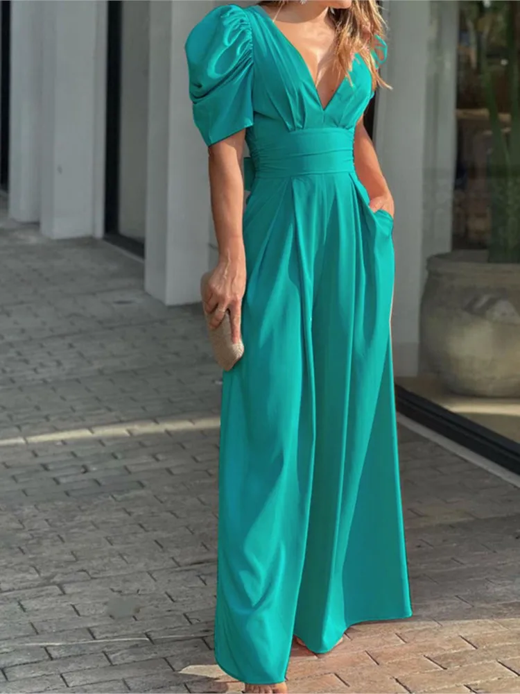 Sexy V Neck Short Sleeve Jumpsuit Office Lady Spring Summer Fashion Elagant Solid Pants Jumpsuits For Women 2024 Female Rompers