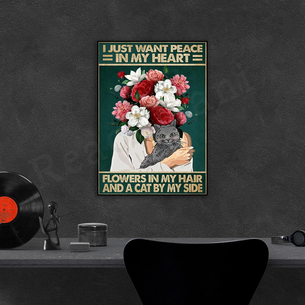 I just want peace of mind. Flowers in my hair and cats on the wall Art deco posters, floral prints, gifts for cat lovers